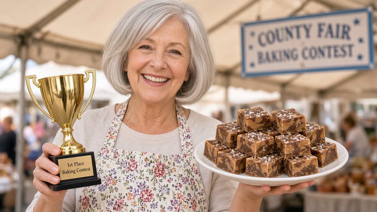 Fictional champion Marigold Pennywhistle with trophy and fudge