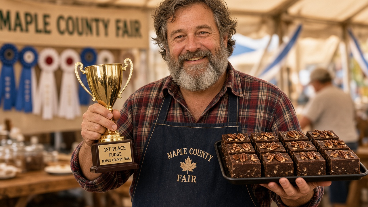 Fictional champion Barnaby Crumbsworth with trophy and fudge