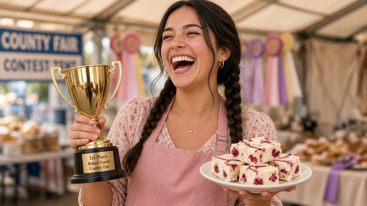 Fictional champion Tilly Ganache with trophy and fudge
