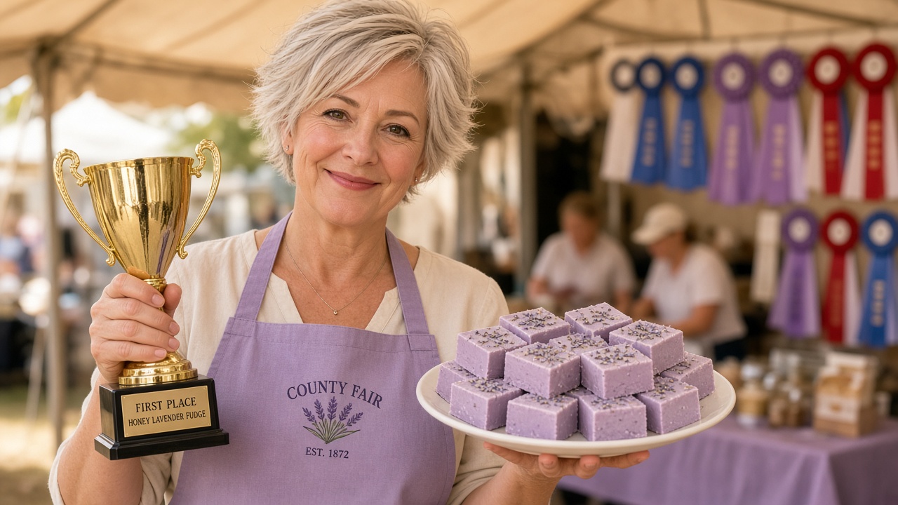 Fictional champion Wren Molasses with trophy and fudge