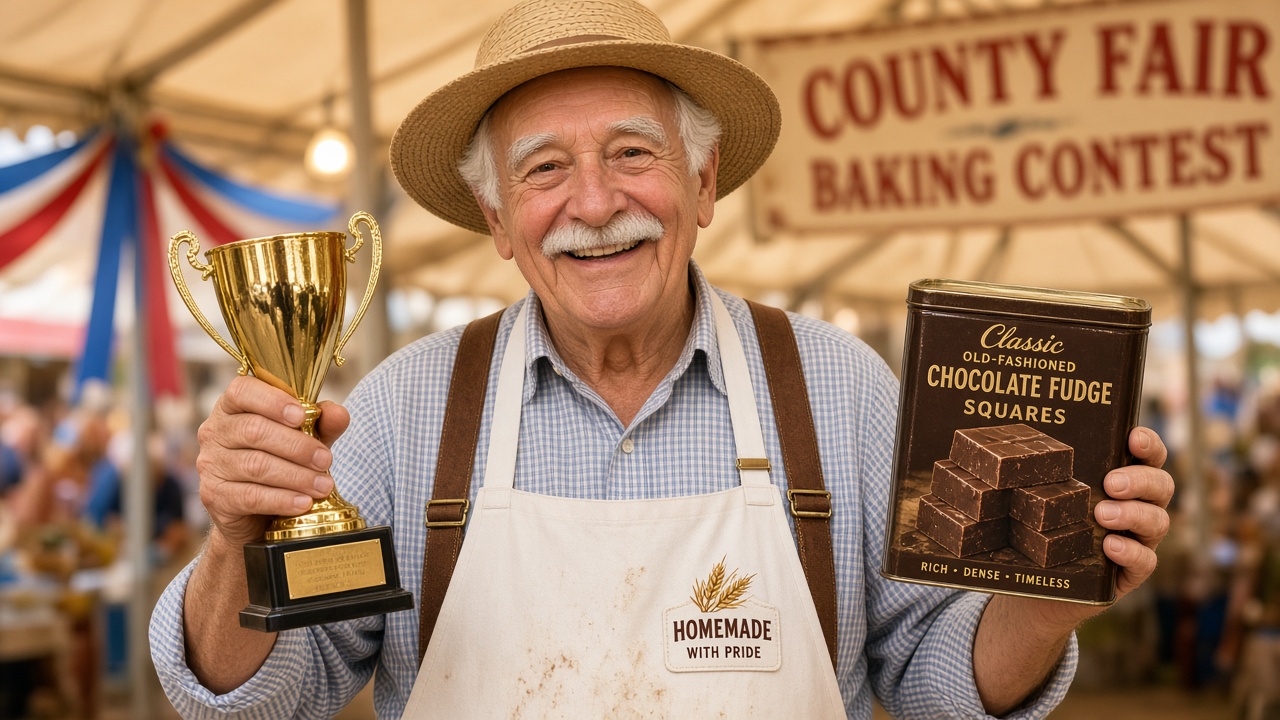 Fictional champion Gus Butterfield with trophy and fudge